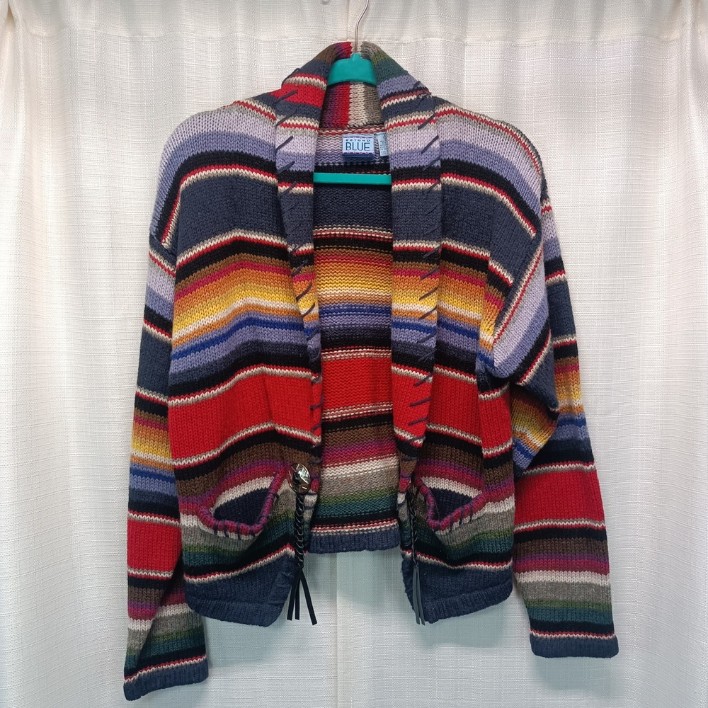 Beyond Blue Vintage Shetland Wool Striped Cardigan Shawl Collar Concho Multi L